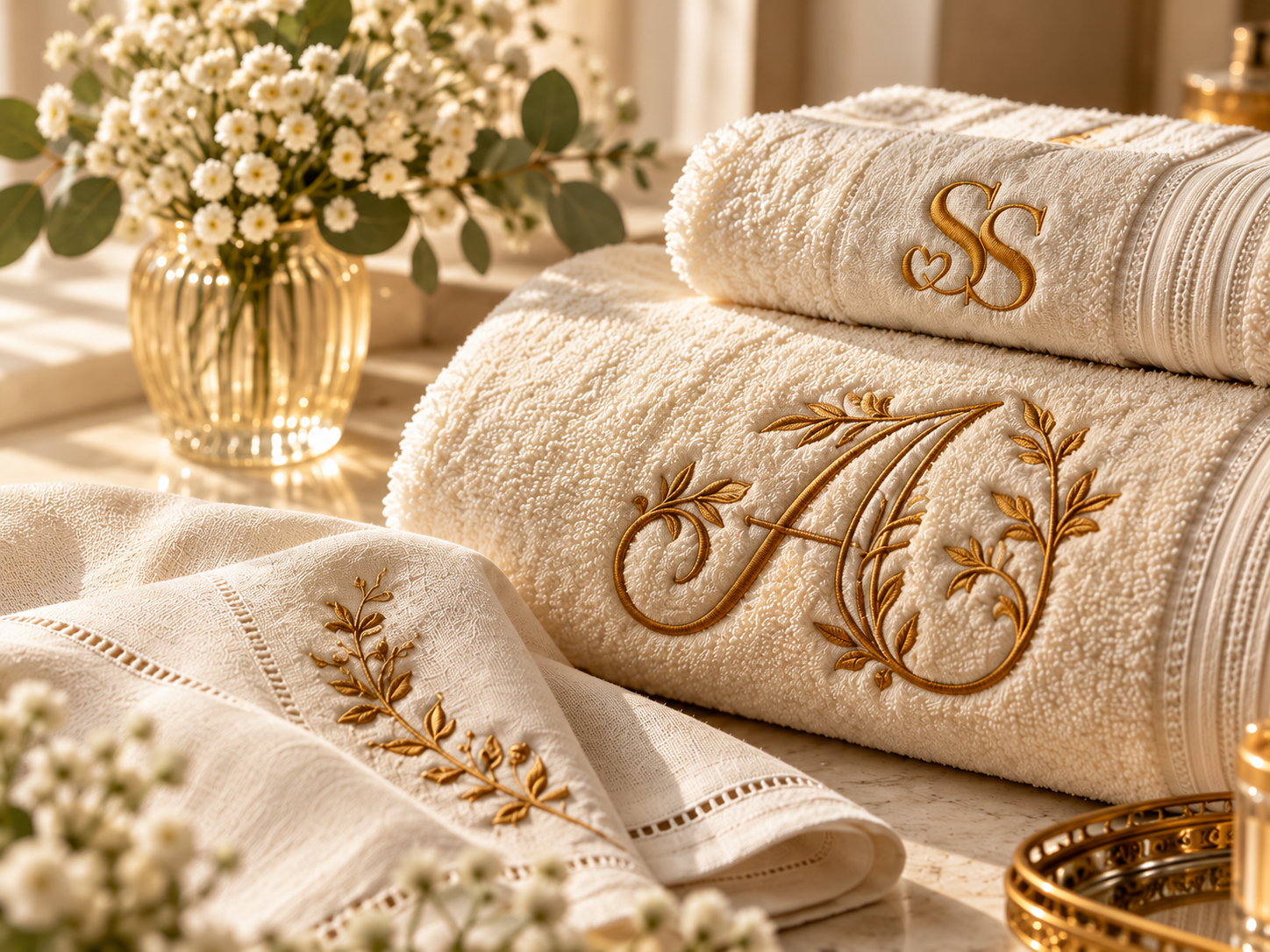 Toalhas creme com monograma bordado em fio dourado